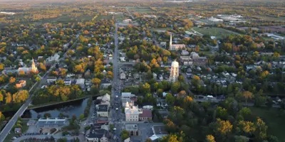 Aerial view of the a town in late afternoon