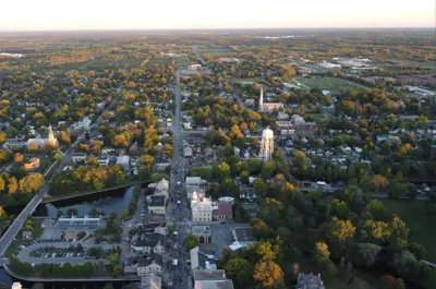 Aerial view of the a town in late afternoon