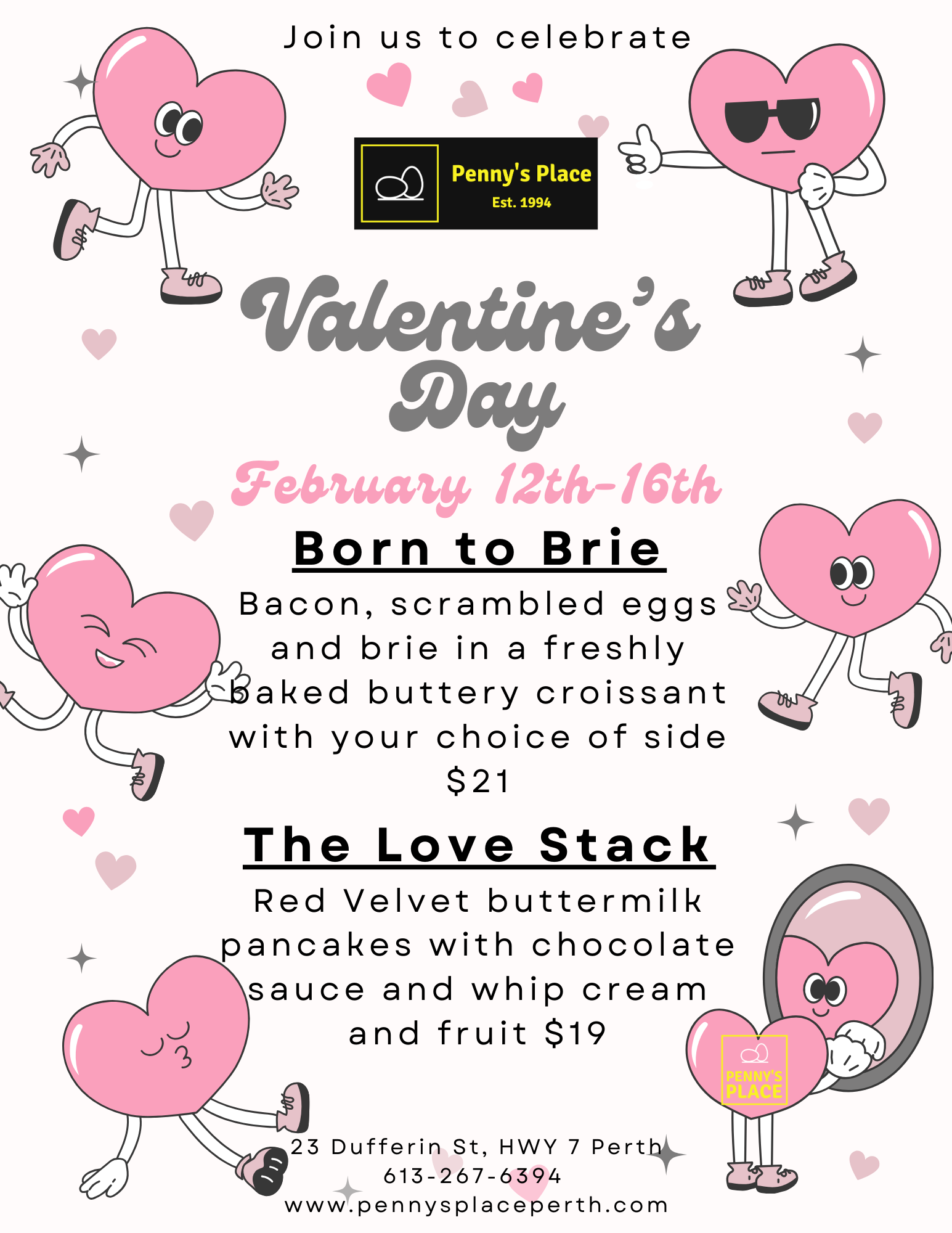 Penny's Place graphic featuring their Valentine's Day Specials from February 12-16, 2025, including a dish called Born to Brie and another called The Love Stack.