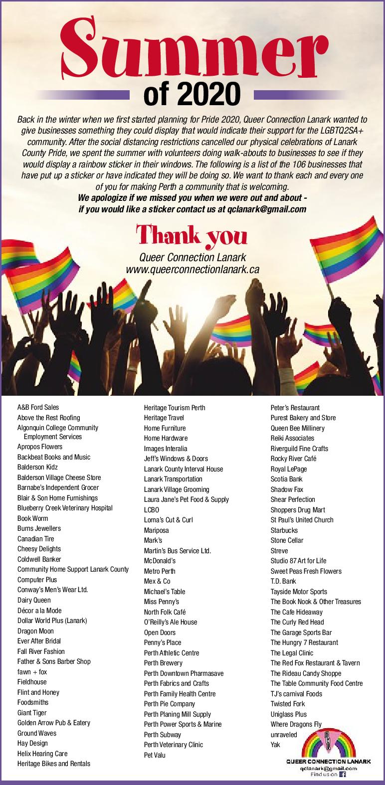 Queer Connection Lanark poster featuring the list of businesses who display Pride stickers 