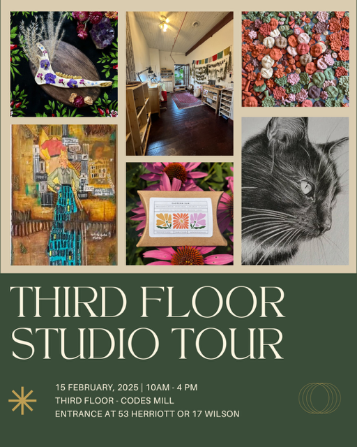 Graphic promoting the Third Floor Studio Tour at Code's Mill on February 15, 2025 from 10 a.m. to 4 p.m.