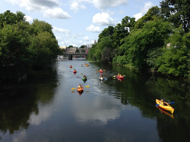 Kayakers paddling down river